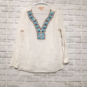 Kyra Boho White Eyelet Longsleeve Top With Beaded Turquoise Neckline Size Medium